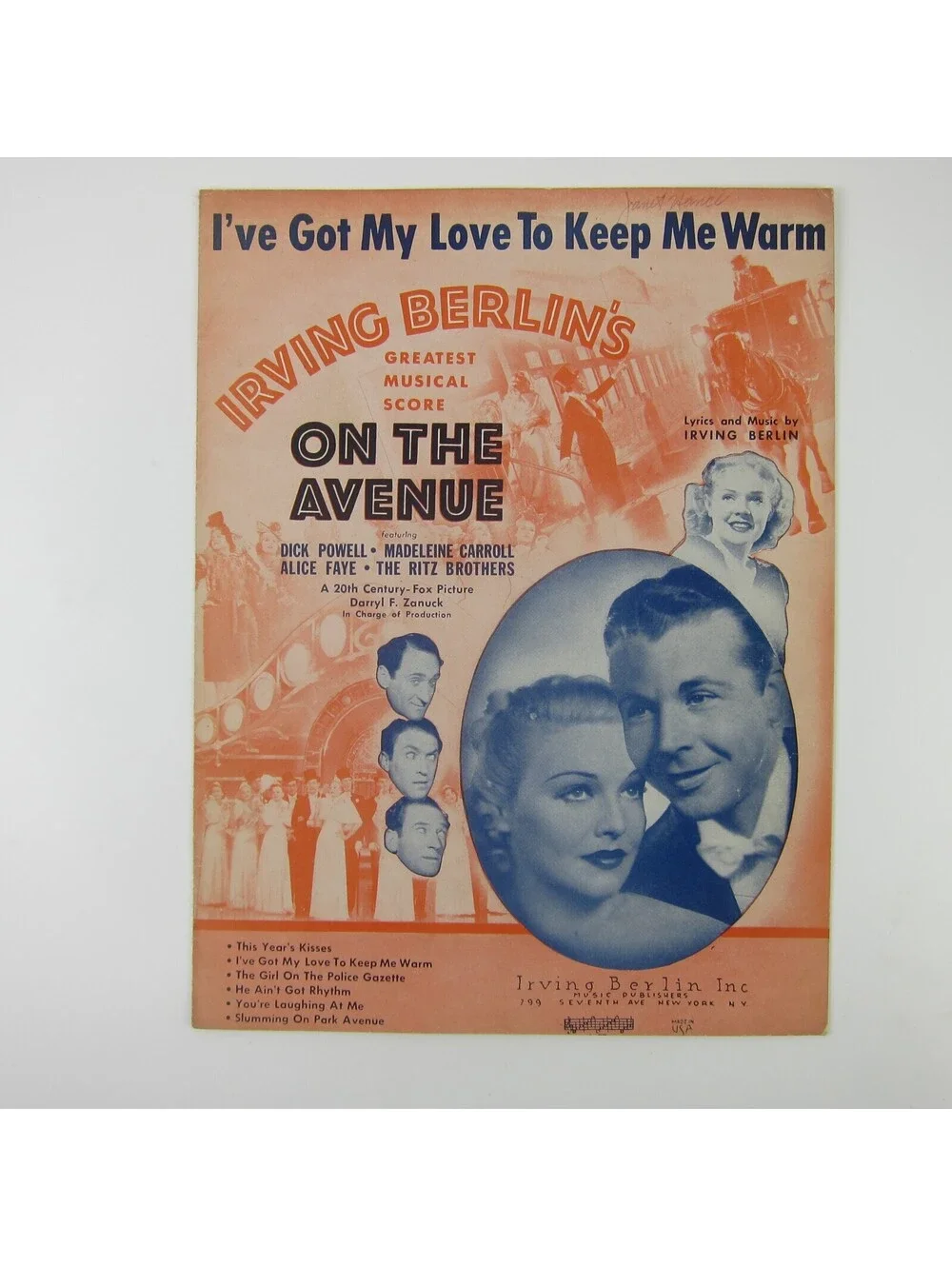 Sheet Music I've Got My Love To Keep Me Warm On The Avenue Film Vintage 1937